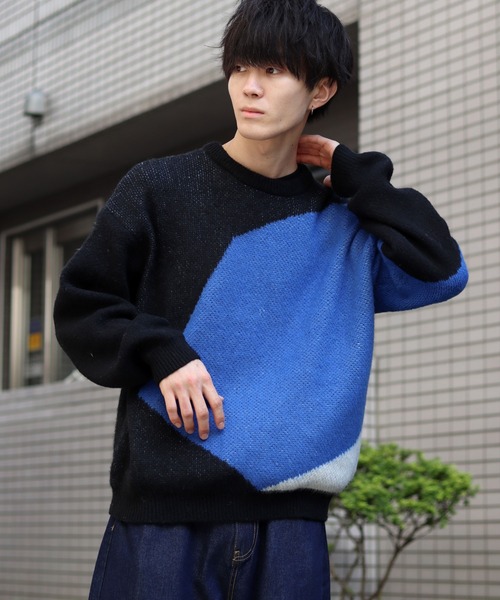 SITRY(シトリー)の「asymmetry design jacquard knitting crew neck sweater/アシンメトリーデザイン ジャガード ニット クルーネック セーター/ニット/総柄(ニット/セーター・メンズ・バーガンディー/ブラック/カーキ・L/M)」の6枚目の写真