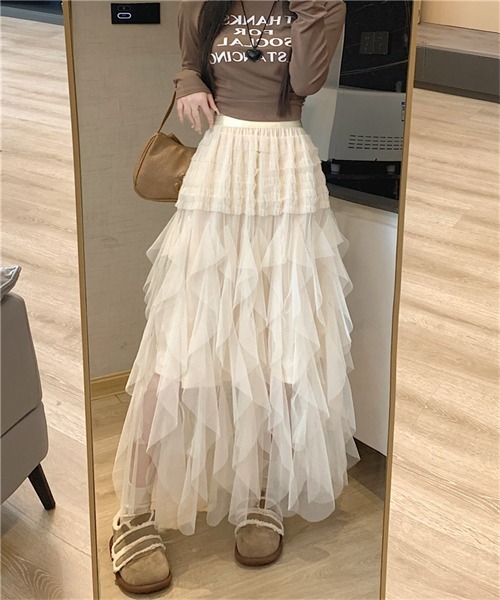 FREE STYLISTS(フリー スタイリスト)の「イレヘムフリルロングチュールスカート(スカート・レディース・ベージュ/ブラック/パープル/カーキ/ピンク・FREE)」の17枚目の写真