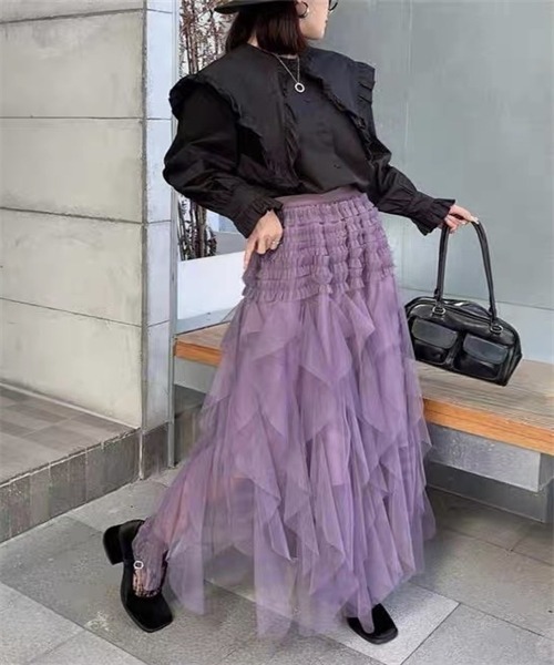 FREE STYLISTS(フリー スタイリスト)の「イレヘムフリルロングチュールスカート(スカート・レディース・ベージュ/ブラック/パープル/カーキ/ピンク・FREE)」の11枚目の写真