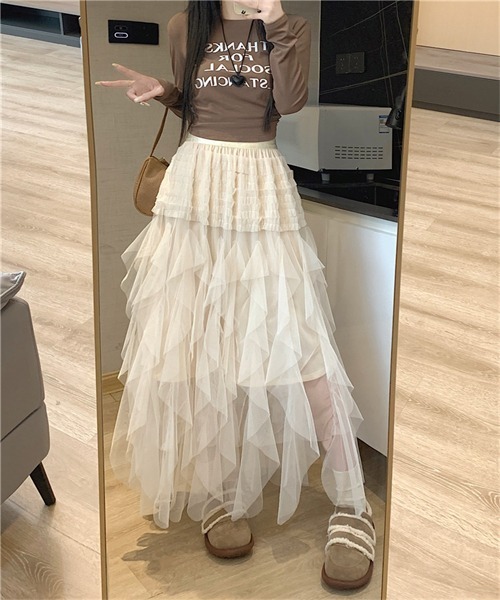 FREE STYLISTS(フリー スタイリスト)の「イレヘムフリルロングチュールスカート(スカート・レディース・ベージュ/ブラック/パープル/カーキ/ピンク・FREE)」の14枚目の写真