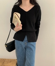 Vネックペプラム裾リブニットプルオーバー