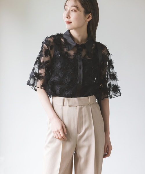 noble シースルー チュールフラワー半袖シャツ 刺繍 スパンコール 新品】noble シースルー チュールフラワー半袖シャツ 刺繍
