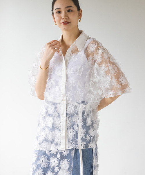 【新品】プロヴォーク シースルー チュールフラワー半袖シャツ 刺繍 スパンコール 新品】プロヴォーク シースルー チュールフラワー半袖シャツ