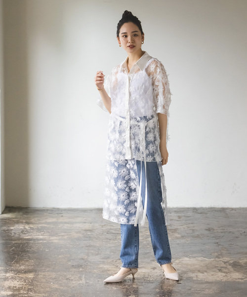 【新品】プロヴォーク シースルー チュールフラワー半袖シャツ 刺繍 スパンコール 新品】プロヴォーク シースルー チュールフラワー半袖シャツ