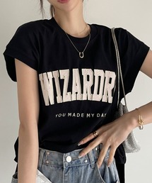 サテン刺繍 ロゴ フレンチスリーブ Tシャツ