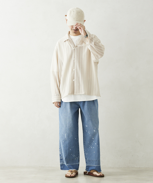 JOURNAL STANDARD relume（ジャーナルスタンダード　レリューム）の「ストライプレース ループシャツ（シャツ/ブラウス・メンズ・ラベンダー/チャコールグレー/アイボリー・MEDIUM/LARGE）」の6枚目の写真