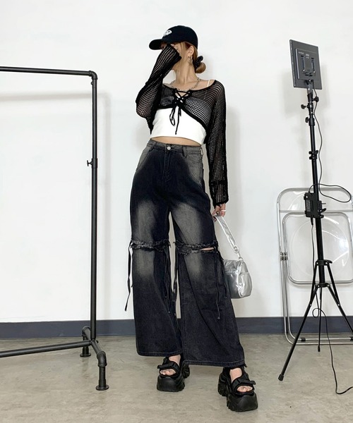 セール】レースアップ透かし編みクロップド丈ニットトップス