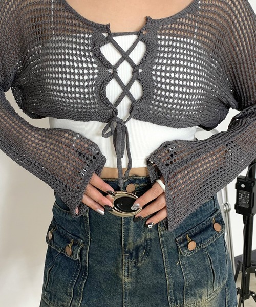 ☆お値下げしました☆ ミズレイコ トップス セール】レースアップ透かし編みクロップド丈ニットトップス