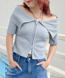 《Wジップ×オフショル》レディース リブ 半袖トップス 体型カバー セクシーカジュアル 春夏秋