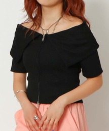 《Wジップ×オフショル》レディース リブ 半袖トップス 体型カバー セクシーカジュアル 春夏秋