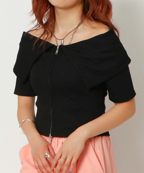 GORGE(ゴージ)の「《Wジップ×オフショル》レディース リブ 半袖トップス 体型カバー セクシーカジュアル 春夏秋(Tシャツ/カットソー・レディース・ブラック/オフホワイト/グレー・F)」の3枚目の写真