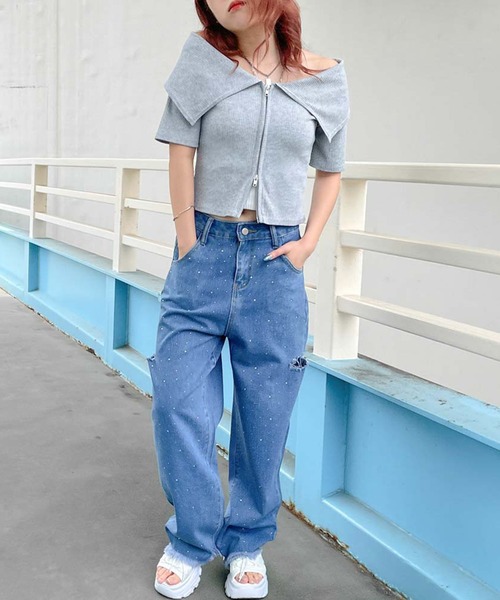 GORGE(ゴージ)の「《Wジップ×オフショル》レディース リブ 半袖トップス 体型カバー セクシーカジュアル 春夏秋(Tシャツ/カットソー・レディース・ブラック/オフホワイト/グレー・F)」の6枚目の写真