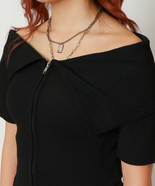 GORGE(ゴージ)の「《Wジップ×オフショル》レディース リブ 半袖トップス 体型カバー セクシーカジュアル 春夏秋(Tシャツ/カットソー・レディース・ブラック/オフホワイト/グレー・F)」の10枚目の写真