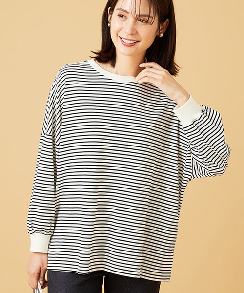 BELLUNA PLUS（ベルーナ）の「ゆったり体型カバー！ボーダープルオーバー（Tシャツ/カットソー・レディース・ホワイト×ブラック/ベージュ×ブラック/ブラック×ホワイト・M/L/XL/2XL/4XL）」の2枚目の写真