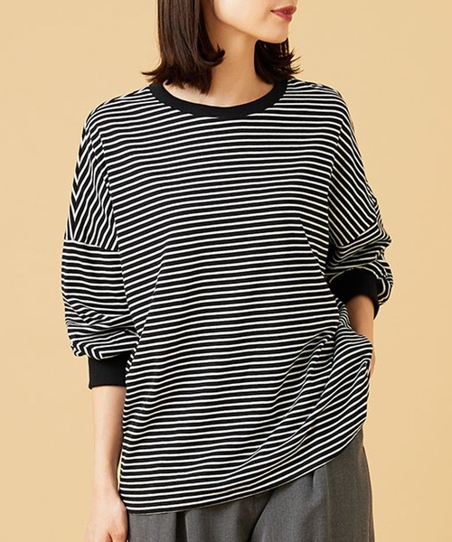 BELLUNA PLUS（ベルーナ）の「ゆったり体型カバー！ボーダープルオーバー（Tシャツ/カットソー・レディース・ホワイト×ブラック/ベージュ×ブラック/ブラック×ホワイト・M/L/XL/2XL/4XL）」の3枚目の写真