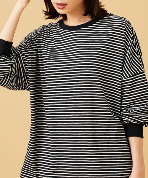BELLUNA PLUS（ベルーナ）の「ゆったり体型カバー！ボーダープルオーバー（Tシャツ/カットソー・レディース・ホワイト×ブラック/ベージュ×ブラック/ブラック×ホワイト・M/L/XL/2XL/4XL）」の4枚目の写真