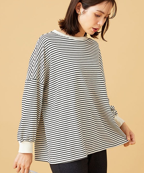 BELLUNA PLUS（ベルーナ）の「ゆったり体型カバー！ボーダープルオーバー（Tシャツ/カットソー・レディース・ホワイト×ブラック/ベージュ×ブラック/ブラック×ホワイト・M/L/XL/2XL/4XL）」の5枚目の写真