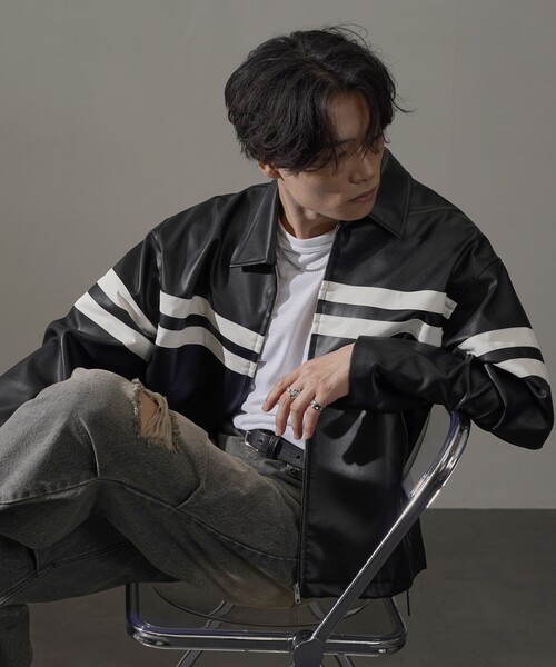 PUBLUX(パブリュクス)の「PUBLUX/パブリュクス Fake leather line Jacket/フェイクレザーラインジャケット/レザージャケット(限定展開)(ブルゾン・メンズ・ブラック・LARGE/MEDIUM/SMALL)」の15枚目の写真