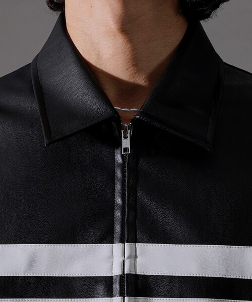PUBLUX(パブリュクス)の「PUBLUX/パブリュクス Fake leather line Jacket/フェイクレザーラインジャケット/レザージャケット(限定展開)(ブルゾン・メンズ・ブラック・LARGE/MEDIUM/SMALL)」の20枚目の写真