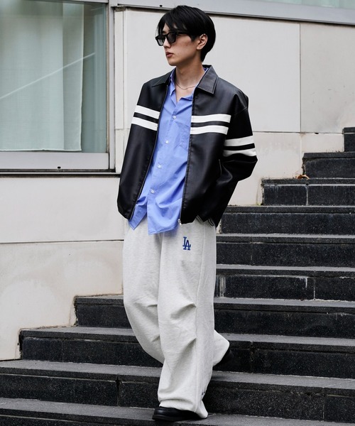 PUBLUX(パブリュクス)の「PUBLUX/パブリュクス Fake leather line Jacket/フェイクレザーラインジャケット/レザージャケット(限定展開)(ブルゾン・メンズ・ブラック・LARGE/MEDIUM/SMALL)」の2枚目の写真