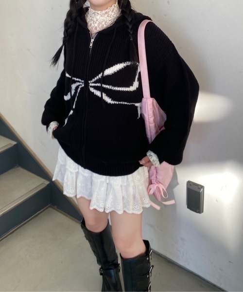 nemne store（ネンネストア）の「【Seoup】リボンモチーフジップニットフーディ（スウェット・レディース・ブラック/アイボリー/グレー系/ホワイト系/ピンク系・フリー）」の22枚目の写真