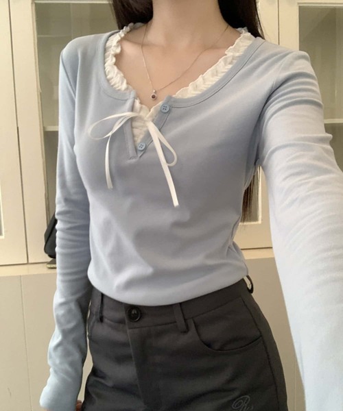 MAISON DE THERESE（メゾン ド テレーズ）の「紐リボン温か長袖Tシャツ ロン T（Tシャツ/カットソー・レディース・ネイビー/サックスブルー・S/M/L）」の2枚目の写真