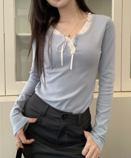 MAISON DE THERESE（メゾン ド テレーズ）の「紐リボン温か長袖Tシャツ ロン T（Tシャツ/カットソー・レディース・ネイビー/サックスブルー・S/M/L）」の8枚目の写真