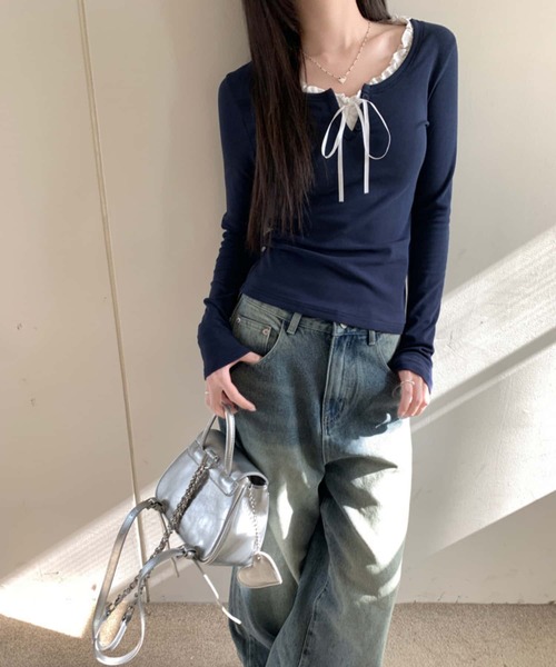 MAISON DE THERESE（メゾン ド テレーズ）の「紐リボン温か長袖Tシャツ ロン T（Tシャツ/カットソー・レディース・ネイビー/サックスブルー・S/M/L）」の13枚目の写真