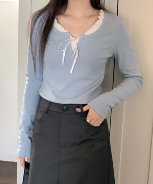 MAISON DE THERESE（メゾン ド テレーズ）の「紐リボン温か長袖Tシャツ ロン T（Tシャツ/カットソー・レディース・ネイビー/サックスブルー・S/M/L）」の9枚目の写真