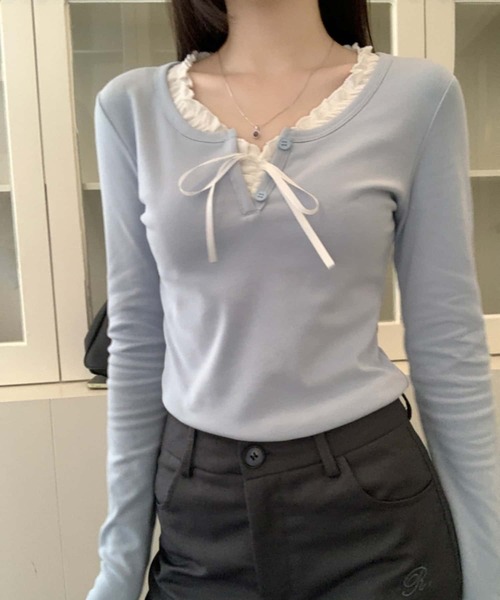 MAISON DE THERESE（メゾン ド テレーズ）の「紐リボン温か長袖Tシャツ ロン T（Tシャツ/カットソー・レディース・ネイビー/サックスブルー・S/M/L）」の5枚目の写真