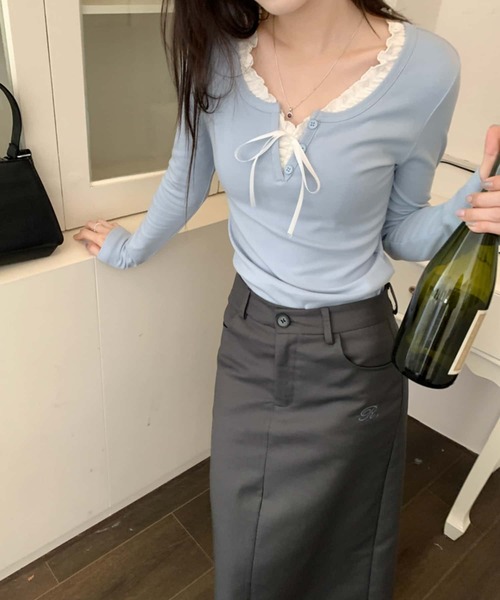 MAISON DE THERESE（メゾン ド テレーズ）の「紐リボン温か長袖Tシャツ ロン T（Tシャツ/カットソー・レディース・ネイビー/サックスブルー・S/M/L）」の6枚目の写真