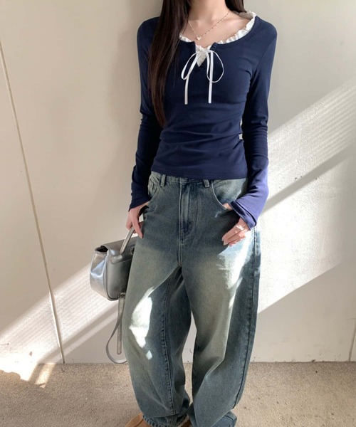 MAISON DE THERESE（メゾン ド テレーズ）の「紐リボン温か長袖Tシャツ ロン T（Tシャツ/カットソー・レディース・ネイビー/サックスブルー・S/M/L）」の4枚目の写真