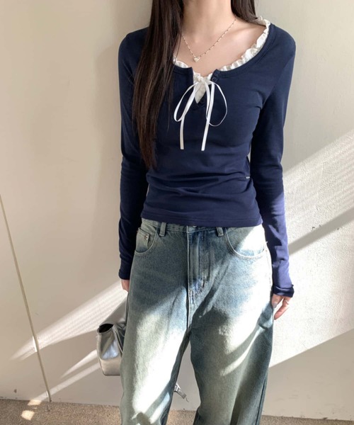 MAISON DE THERESE（メゾン ド テレーズ）の「紐リボン温か長袖Tシャツ ロン T（Tシャツ/カットソー・レディース・ネイビー/サックスブルー・S/M/L）」の3枚目の写真