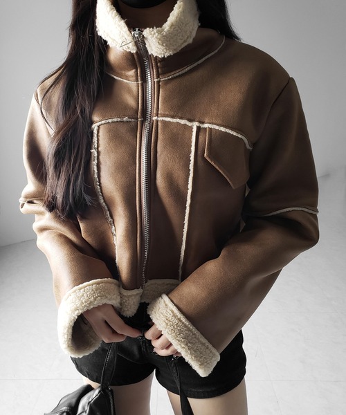 【 ２color 】スタンドカラーソフトライトムートンジャケット ／ stand collar soft light mouton jacket（ムートンコート）｜me+em select（ミームセレクト）