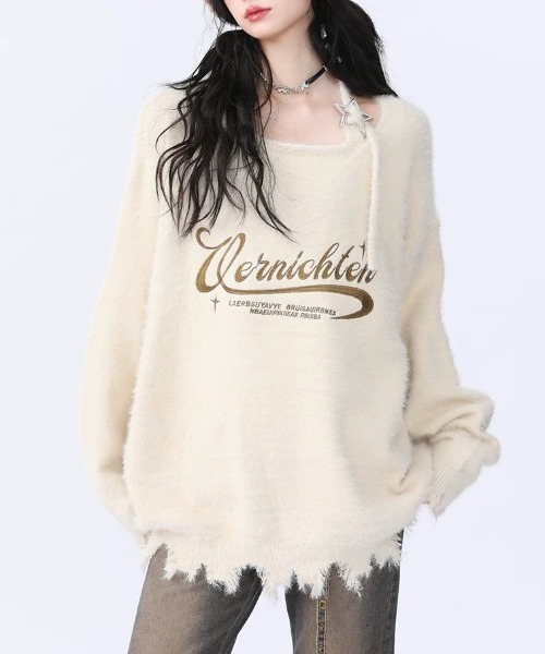 セール】クラッシュロゴシャギーニットトップス（ニット