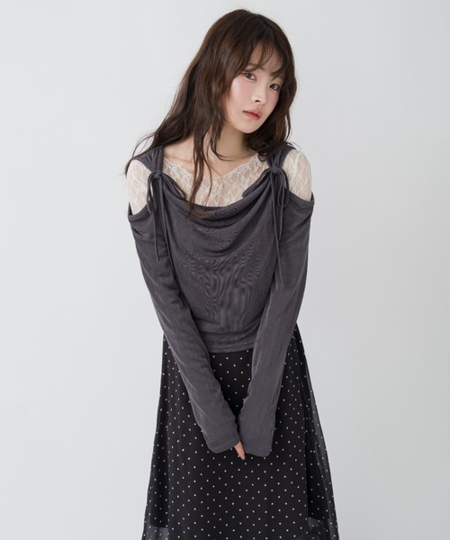 mellowneon（メロウネオン）の「ドレープリボントップス/シアーベロア（Tシャツ/カットソー・レディース・アイボリー/チャコールグレー/ピンク/ミント/イエロー・FREE）」の3枚目の写真