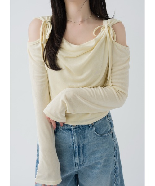 mellowneon（メロウネオン）の「ドレープリボントップス/シアーベロア（Tシャツ/カットソー・レディース・アイボリー/チャコールグレー/ピンク/ミント/イエロー・FREE）」の5枚目の写真