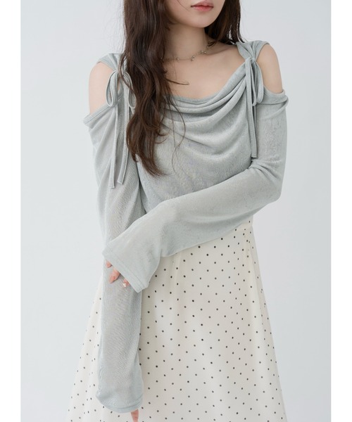 mellowneon（メロウネオン）の「ドレープリボントップス/シアーベロア（Tシャツ/カットソー・レディース・アイボリー/チャコールグレー/ピンク/ミント/イエロー・FREE）」の4枚目の写真