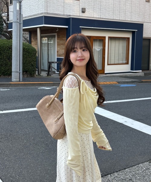 mellowneon（メロウネオン）の「ドレープリボントップス/シアーベロア（Tシャツ/カットソー・レディース・アイボリー/チャコールグレー/ピンク/ミント/イエロー・FREE）」の16枚目の写真