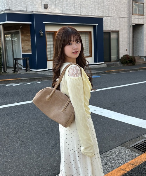 mellowneon（メロウネオン）の「ドレープリボントップス/シアーベロア（Tシャツ/カットソー・レディース・アイボリー/チャコールグレー/ピンク/ミント/イエロー・FREE）」の17枚目の写真