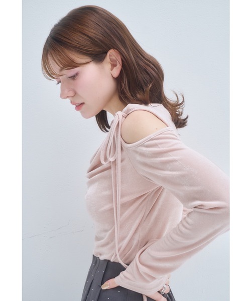 mellowneon（メロウネオン）の「ドレープリボントップス/シアーベロア（Tシャツ/カットソー・レディース・アイボリー/チャコールグレー/ピンク/ミント/イエロー・FREE）」の7枚目の写真