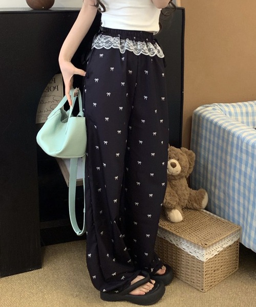 WESTSEA（ウエストシー）の「リボン柄 レースフリル付 ワイドパンツ（その他パンツ・レディース・ブラック/アイボリー・M/L）」の8枚目の写真