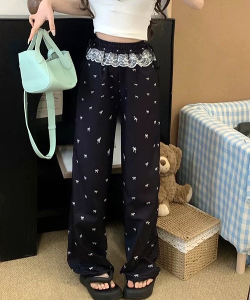 WESTSEA（ウエストシー）の「リボン柄 レースフリル付 ワイドパンツ（その他パンツ・レディース・ブラック/アイボリー・M/L）」の9枚目の写真