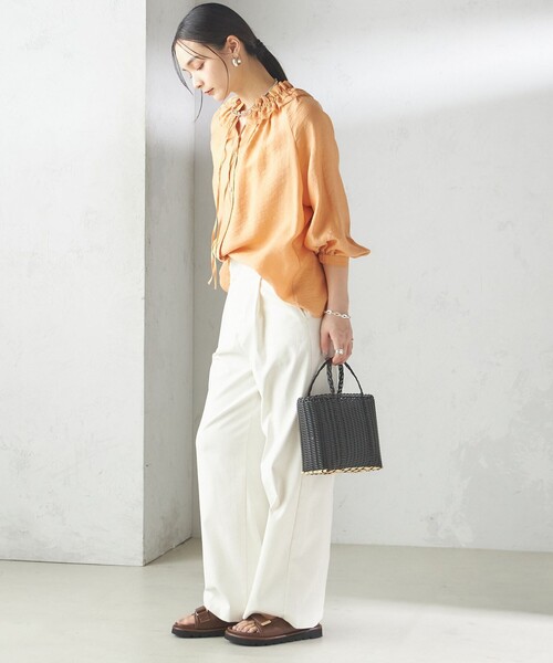 SINME シンメ フリル付ブラウス バンドカラーシャツ シルク混