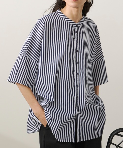 Libra Cue（リブラ キュー）の「バンドカラーラウンドヘムシャツ（シャツ/ブラウス・レディース・ブルー/ブラック/ネイビー/ホワイト/ドット・FREE）」の12枚目の写真