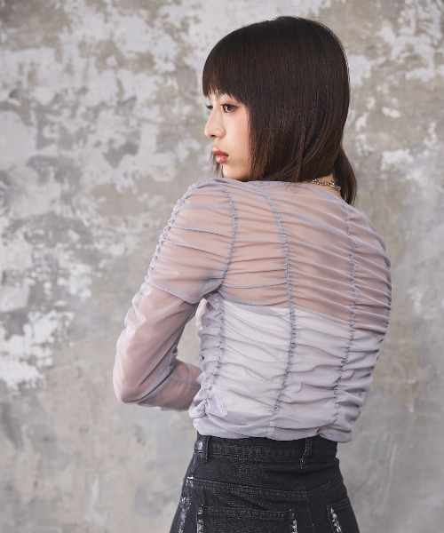 DIP IN CHOCOLATE（ディップインチョコレート）の「シアーギャザートップス【DIP IN CHOCOLATE】（Tシャツ/カットソー・レディース・ホワイト/ブルー/ブラック/ライトグレー・F）」の10枚目の写真