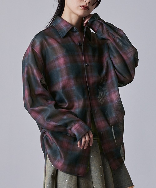 nui nullu(ヌイヌル)の「【nui nullu】サイドシャーリングオーバーサイズシアーチェックシャツ(シャツ/ブラウス・レディース・イエロー/レッド/ブラック・FREE)」の1枚目の写真