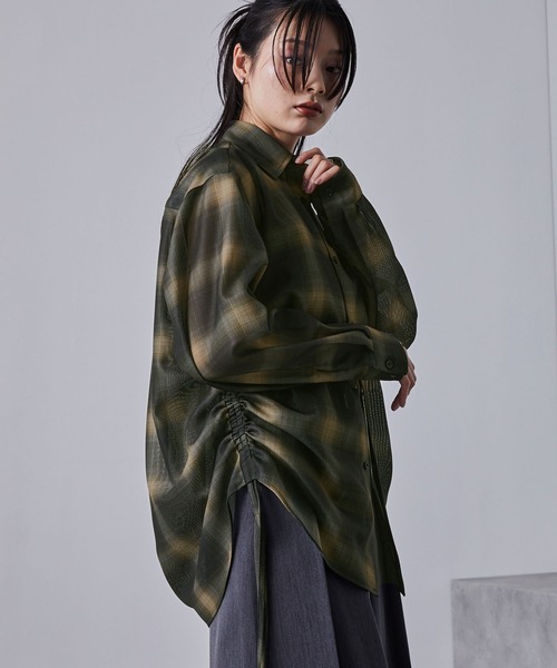 nui nullu】サイドシャーリングオーバーサイズシアーチェックシャツ