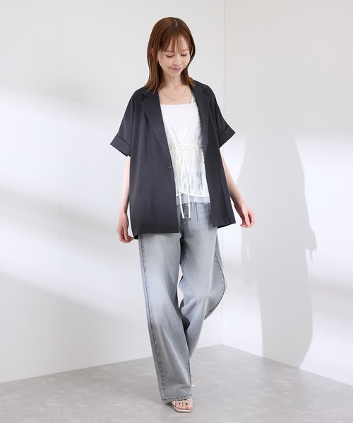 ROPE PICNIC シアーハーフスリーブジャケット　ネイビー　リネンライク 接触冷感・UVカット・速乾】【リネンライク・シリーズ】シアー