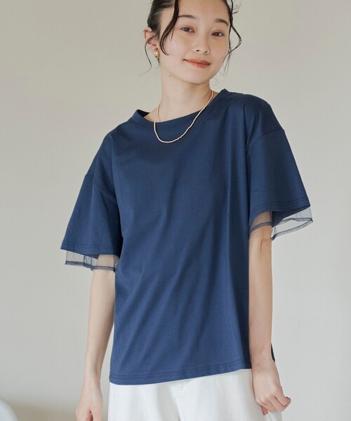 coen(コーエン)の「チュールレイヤーTシャツ(Tシャツ/カットソー・レディース・ホワイト/ネイビー/ブラック/ダークグレー・M/L)」の1枚目の写真